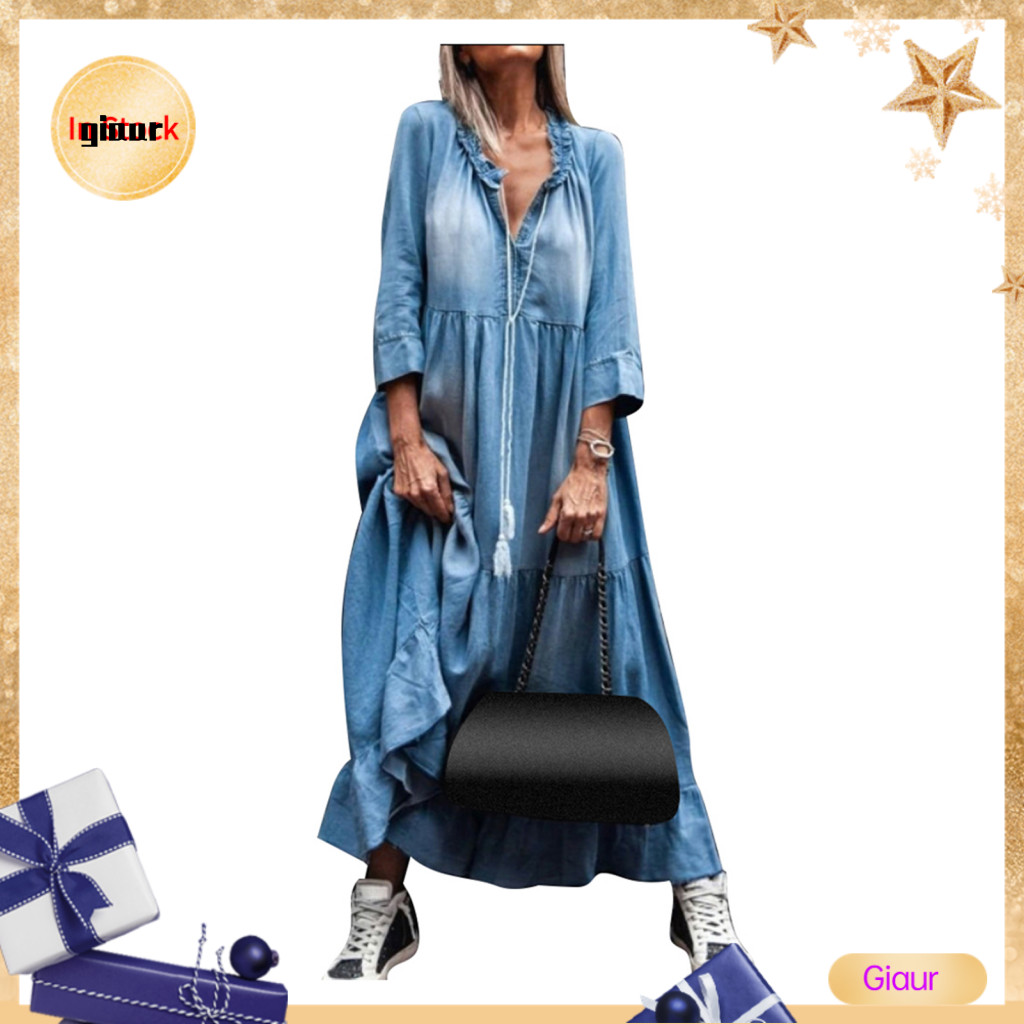 Giaurz Vintage Nữ Ren Cổ Chữ V 3 / 4 Tay Lớn Viền Tua Rua Rời Đầm Maxi Denim