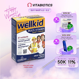 Viên Nén Nhai Vitabiotics WELLKID MULTI-VITAMIN SMART CHEWABLE Hỗ Trợ Nâng Cao Sức Đề Kháng Cho Trẻ Em Hộp 30 Viên