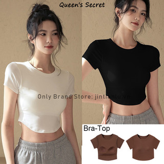 [Queen 's Secret] Áo thun đế ngắn cổ tròn, áo thun ngắn tay màu trắng áo một mảnh mùa hè dành cho nữ có đệm ngực