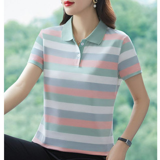 Mùa Hè Phong Cách Mới Cotton Nguyên Chất Áo Thun Nữ Polo Cổ Sọc Thời Trang Trung Niên Size Lớn