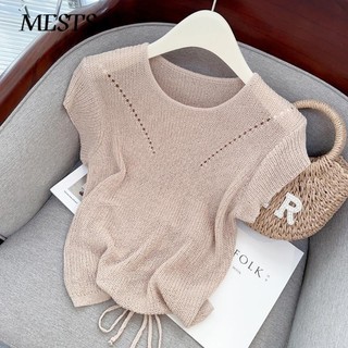 Ren-up Rỗng Backless Dệt Kim Thiết Kế Nữ Áo Thun Tay Ngắn Top Mùa Hè