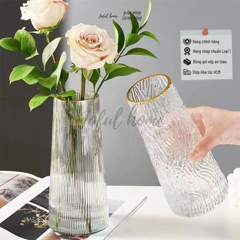 Lọ hoa Thủy Tinh cổ Viền Vàng Joful home Đơn Giản Bình Trang Trí Phòng Khách Cắm hoa Tươi sang trọng