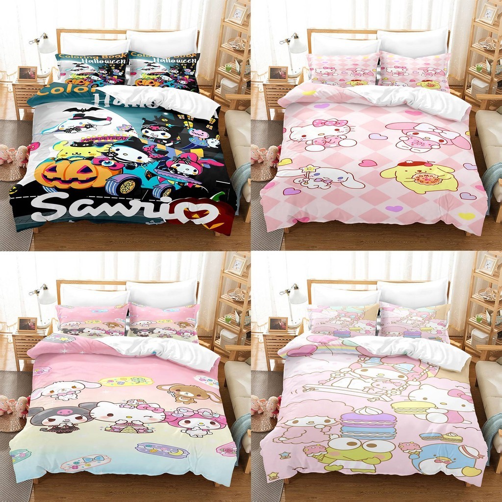 Kira Sanrio Cinnamoroll Kuromi 3IN1 Bộ chăn ga gối ga trải giường Vỏ chăn gối Phòng ngủ gia đình Bộ đồ ký túc xá có thể giặt được