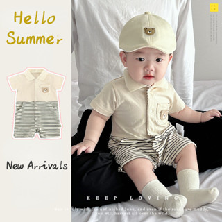 Bộ đồ liền quần ngắn tay cho bé trai và bé gái mùa hè 0-24 tháng tuổi Sơ sinh Bộ áo liền quần kết hợp gấu nhỏ dễ thương