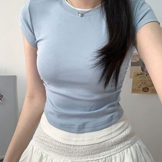 Niche Bottoming Slim fit Pure Desire Màu sắc tương phản Cổ tròn vai ngắn tay Xuân hè Thiết kế cảm giác giả hai mảnh xếp li Nar