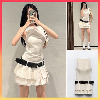  Phong cách mới mùa xuân có thắt lưng không tay cổ tròn3152330