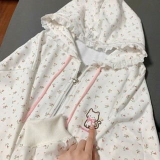 Mèo Thêu Có Mũ Trùm Đầu Dây Kéo Cardigan Hoa Áo Pure Desire Dễ Thương Giảm Tuổi