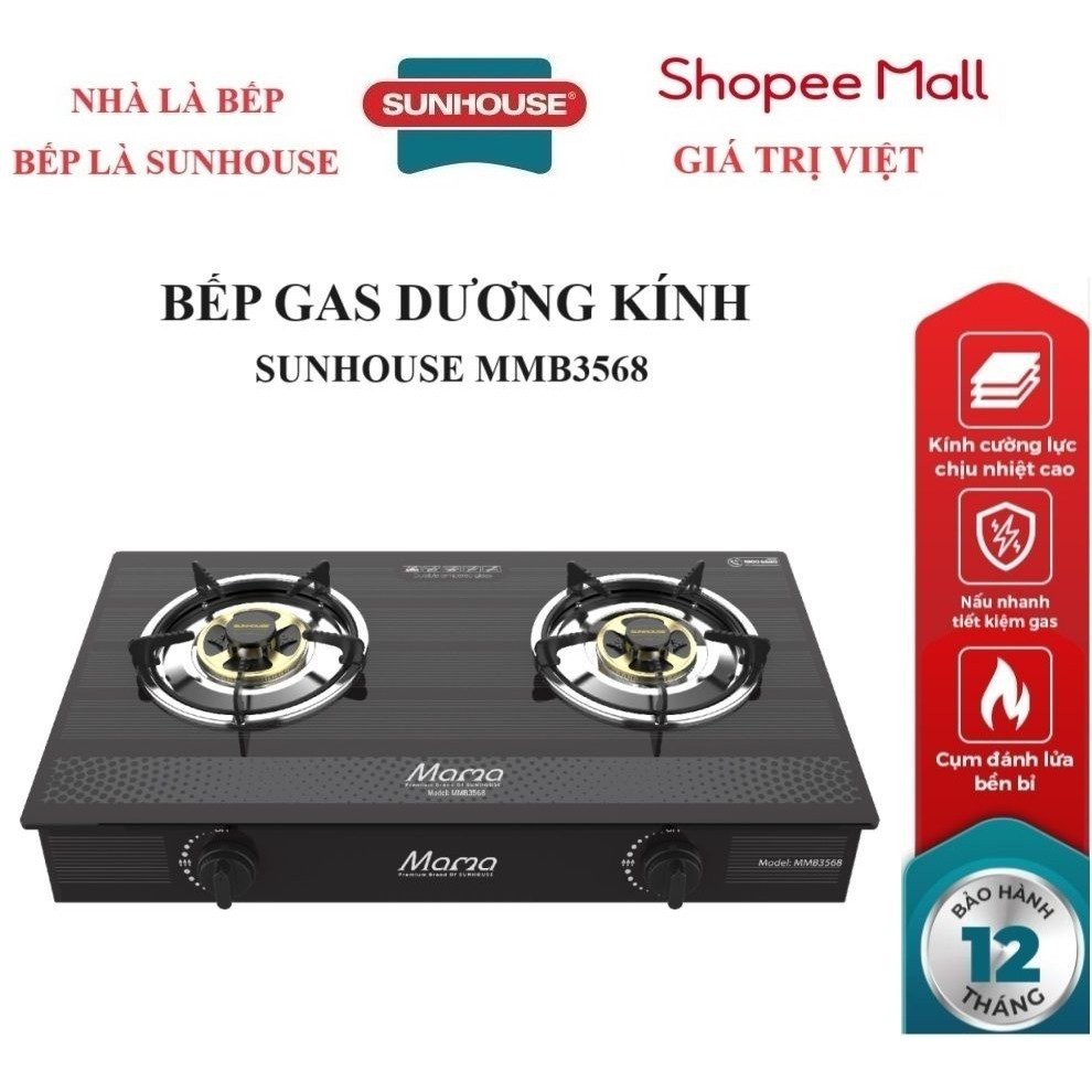 Bếp gas dương kính Sunhouse MMB3568 - Kích thước 670x420mm, màu đen