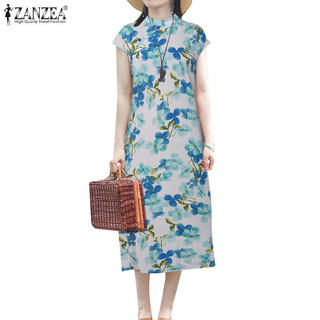 Zanzea Nữ Thời Trang Hàn Quốc Cổ Đứng Nút In Hoa Váy