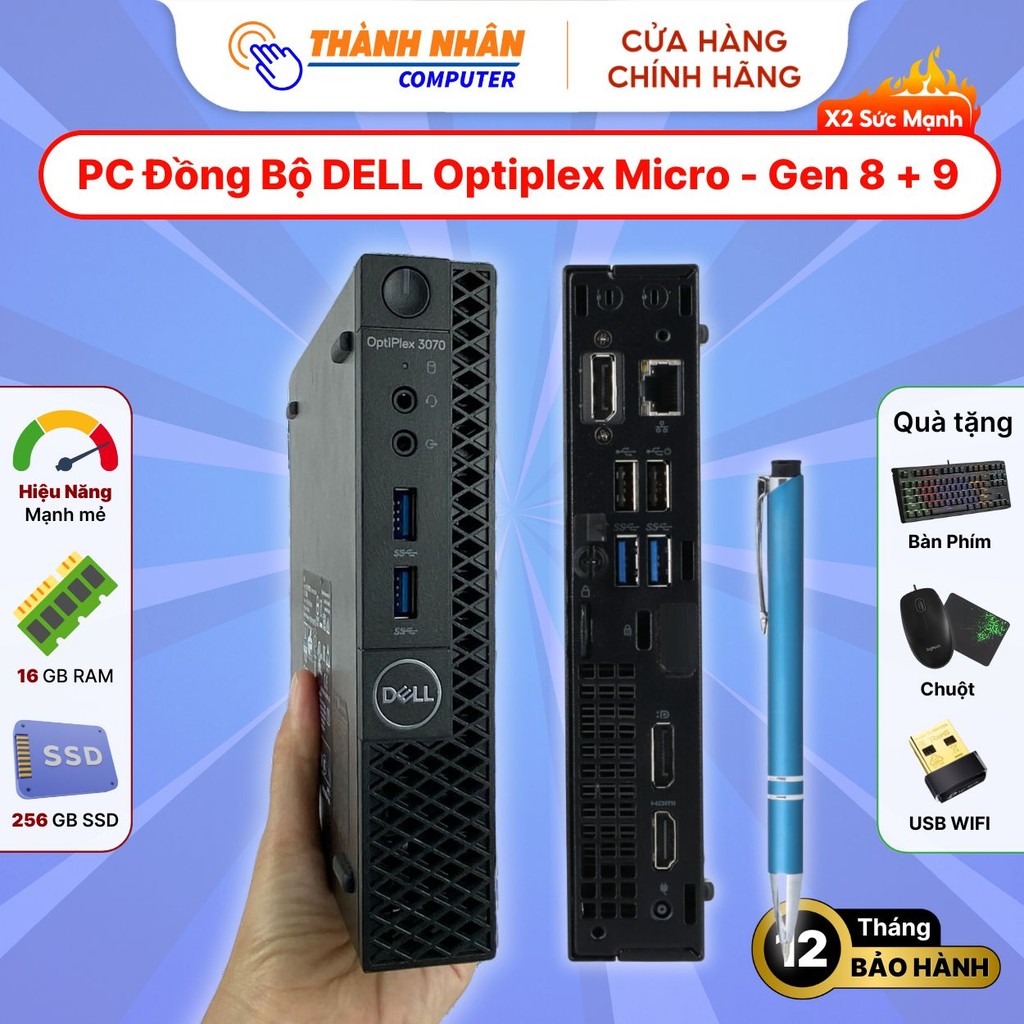 Máy Bộ Mini DELL Optiplex Micro i3/i5/i7 Gen 8-9, Ram 16GB, SSD 256GB, kèm Phím và Chuột, USB WIFI