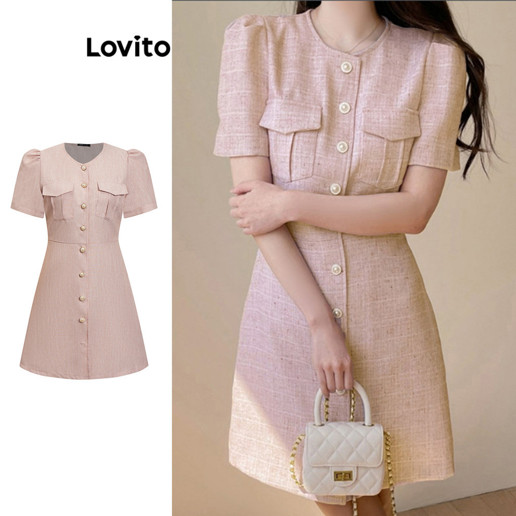 Đầm Lovito xếp ly cài nút màu trơn thanh lịch cho nữ L77ED301
