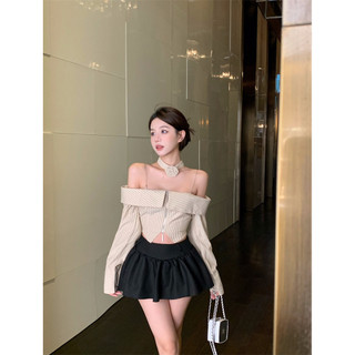 Top Slim-fit Áo Sơ Mi Tính Khí Phong Cách Pháp Một Vai Cô Gái Nóng Rốn Crop Nữ 2024 Ngắn Xuân Thu Dài Tay Sọc PKYT