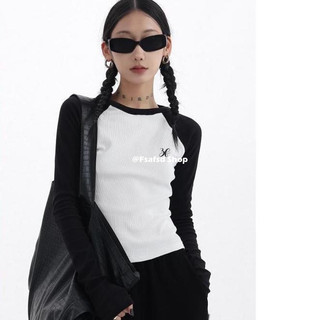 Màu Sắc Tương Phản Raglan Tay Áo Thun Dài Tay Nữ Mùa Xuân 2023 Phong Cách Mới Phù Hợp Với Slim-Fit Sli