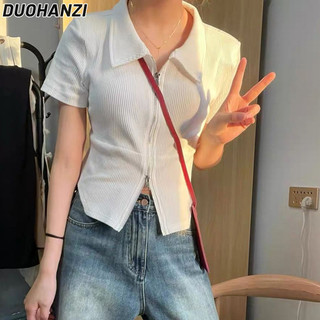 Áo thun nữ DUOHANZI, tay ngắn vai phải phong cách mới giảm béo mùa hè màu trơn thiết kế sang trọng niche áo ngắn