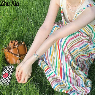 Váy treo nữ đi biển kỳ nghỉ retro cầu vồng sọc dọc không tay dài