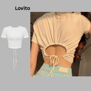 Áo thun Lovito dây rút cắt xẻ màu trơn boho cho nữ L80ED123