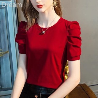 Cotton Short SleeveTWomen's T-shirt Summer Trendy Women's Clothing Crew Neck T-shirt French Puff Sleeve Western Style Top