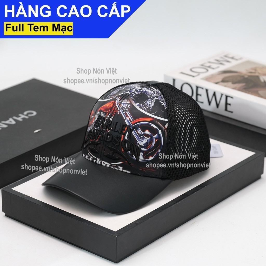[A220]Mũ Lưỡi Trai Nón Kết Thêu Harley Davidson Mặt Kết Da Thoáng Mát Vải Kaki Cotton Phối Lưới Đen 