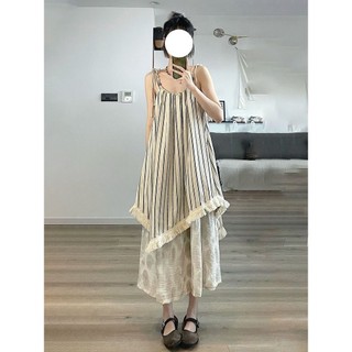 Đầm Pháp Sọc Nữ Cổ Tròn Không Tay Cổ Tròn Ngọt Ngào Phong Cách Hàn Quốc