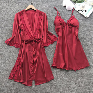 Ayyufe 2 Cái / bộ Bộ Đồ Ngủ Nữ Ren Chắp Vá Nơ Trang Trí Màu Trơn Rời Mượt Thắt Lưng Chặt Rời Dài Tay Váy Ngủ Không Tay Chia Bộ Váy Ngủ