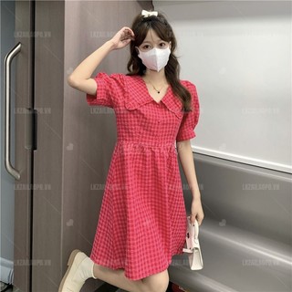 Đầm kẻ sọc caro Bigsize Váy nữ dáng suông tay ngắn cổ bèo màu đỏ mùa hè Phong cách Hàn Quốc Thời Trang tiểu thư cá tính xinh đẹp cho người mập béo