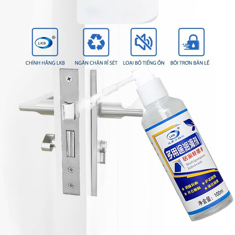 Chai Xịt Dầu Bôi Trơn Đa Năng LKB 100ml - Giảm tiếng ồn, ngăn chặn rỉ sét cửa, ổ khóa, bánh xe, ray trượt, khớp nối