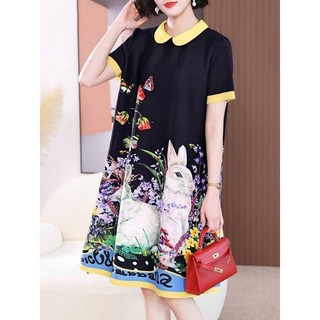 Miyake Phong Cách Nhăn Mùa Hè Tay Ngắn Phong Cách Mới Xếp Ly Thời Trang In Plus Size Nữ Màu Đen Hoạt Hình In Hình Sang Trọng Đầm