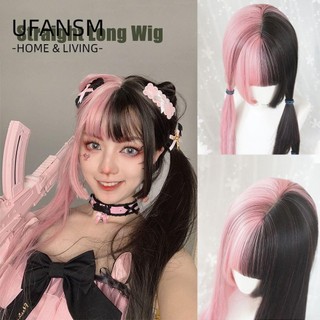 UFANSM Tóc Giả Thẳng Dài Mái Ngang Nhuộm Màu Đen Hồng Phong Cách Lolita Thời Trang Cho Nữ