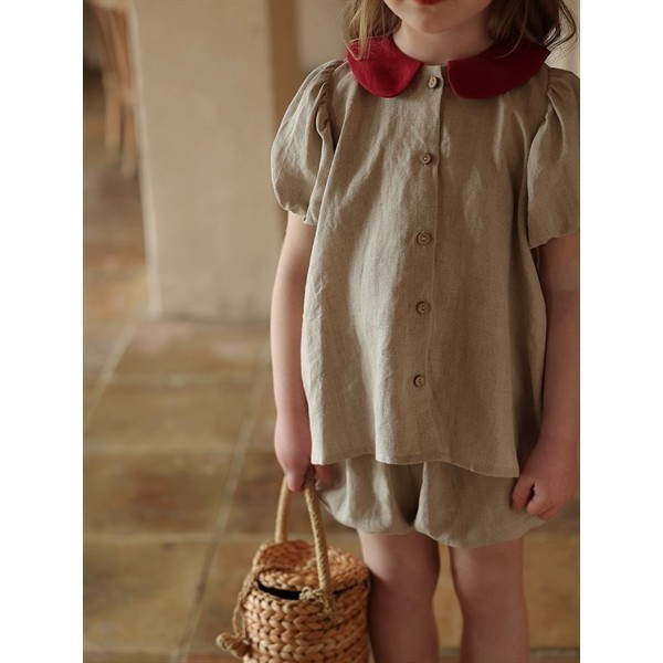 Set linen cổ sen đỏ cho bé gái