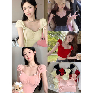 Áo thun cổ vuông tay ngắn phong cách Hàn Quốc có miếng lót bán thân, Áo Crop Top nơ màu trơn đẹp dành cho nữ