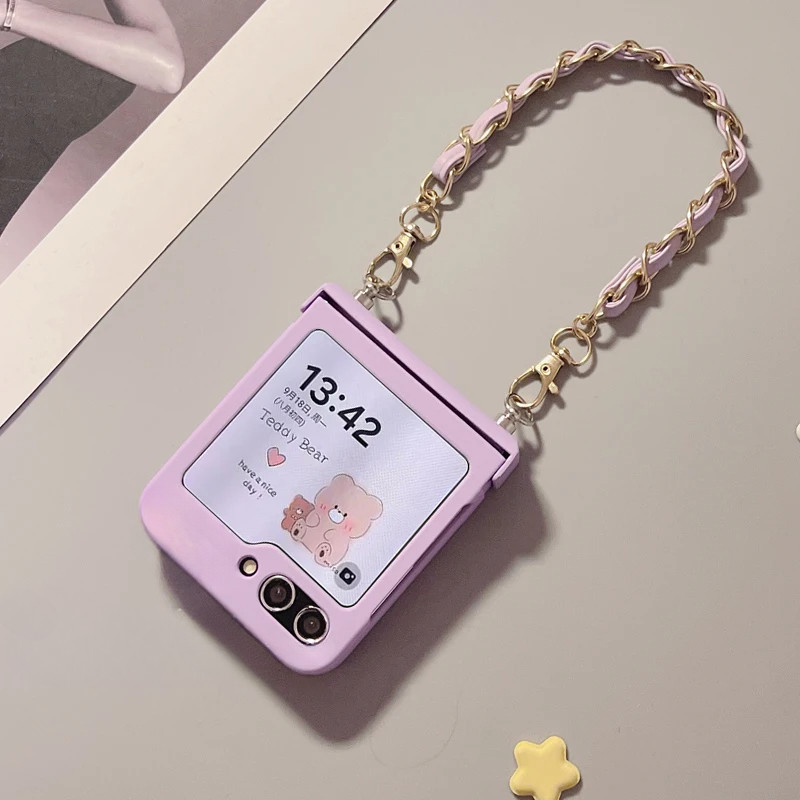Ốp điện thoại màu tím sáng tạo dễ thương có dây chuyền da cho Samsung Galaxy Z Flip 6 Z Flip 5 Z Fli