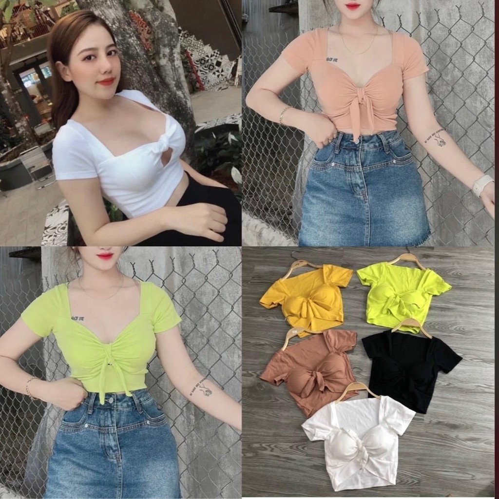 A95 Áo croptop nữ kiểu thun gân len 4 chiều cột nơ  ( ko mút )