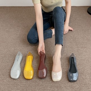 Giày Thạch Giày Đế Bằng Vuông Giày Sandal Bên Ngoài Mặc Phong Cách Mới Thời Trang PVC Pha Lê Trong Suốt Đế Mềm Nông Miệng Dép Nữ