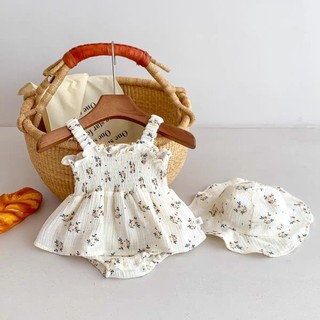 Bộ Áo Liền Quần Không Tay Kèm Mũ In Hoa Thời Trang Mùa Hè Cho Bé Gái 0-24 Tháng Tuổi