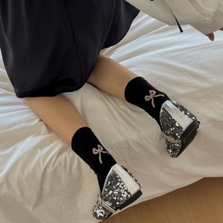 Jennie Trắng Nơ Giữa Ống Tất Nhẹ Nhàng Hàn Quốc ins Nữ Cọc Tất Nhật Bản Dễ Thương Phong Cách Ba Lê Tất Cotton
