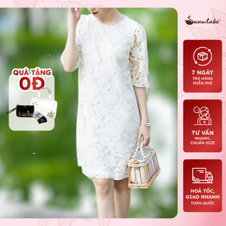  - Đầm Suông Phom A Cổ Tròn Tay Rút Nơ Chất Vải Chiffon Ren Bông Mềm Rũ Lót Cotton Thấm Hút - D11098LW01