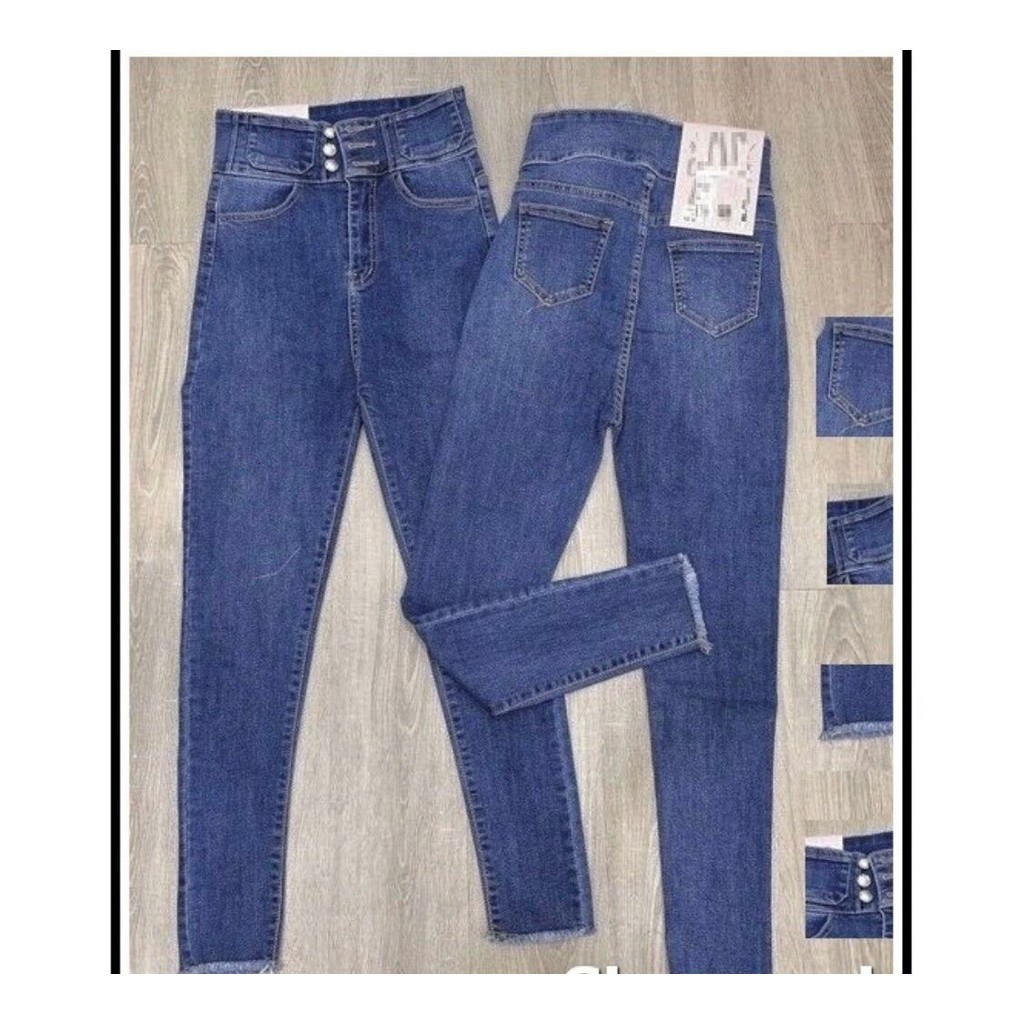 Quần jean nữ lưng siêu cao phối 3 CÚC TRƯỚC ( CÓ SIZE ĐẠI ) màu xanh siêu hot nâng mông túi kiểu