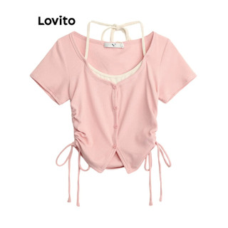 Lovito Áo thun khâu vải giả dây rút 2 trong 1 thông thường dành cho nữ LNE43506