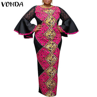 Vonda Nữ Vintage Thời Trang Crew Neckline loe tay áo chắp vá