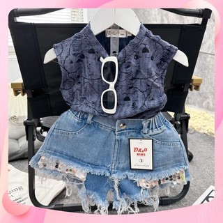 Set áo gấu rách quần bò rách kim sa cho bé gái