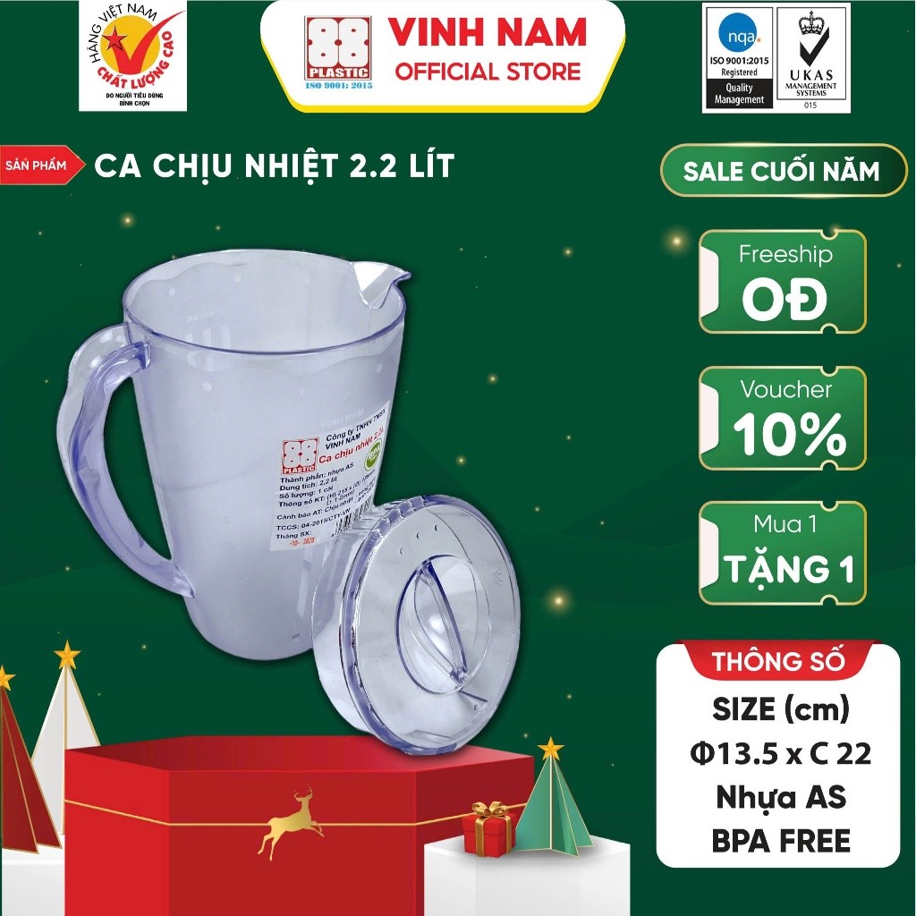 Ca Chịu Nhiệt 2,2 L Vinh Nam Plastic Chất Liệu Nhựa AS Chịu Được Nóng Lạnh An Toàn Tiện Lợi Mã 390