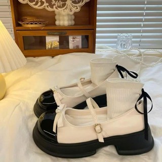   Đặt lùi 1 size  Giày búp bê lolita nữ đế dầy thời trang mũi tròn 2 màu kem  đen da mềm đính nơ cao 5 phân cực đẹp 