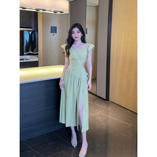 Mùa hè Xoay Bơ Xanh Cổ Vuông Tay Bay Eo Rò Rỉ Đầm