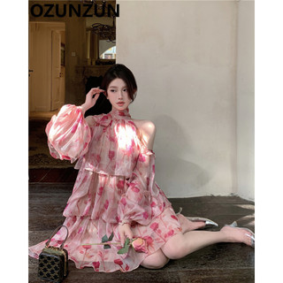 Ozunzun Mảnh Họa Tiết Hoa Phong Cách Ngày Lễ Niche Đầm Dài Tay 3553