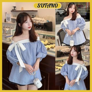 áo trễ vai tiểu thư thắt nơ lệch tay bồng vải kẻ xinh xắn,áo sơ mi nữ trễ vai thời trang A696 SUTANO