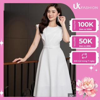 Đầm Dáng Xòe Nữ UK Fashion Thiết Kế Sát Nách Kèm Đai Thanh Lịch, Họa Tiết 3D Chất Vải Nhập Hàn Cao Cấp NKDV2206006