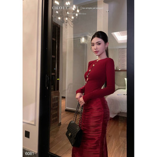 [Ảnh thật cam thường hình cuối] Đầm Body Xếp Nút Chouchou - Đỏ