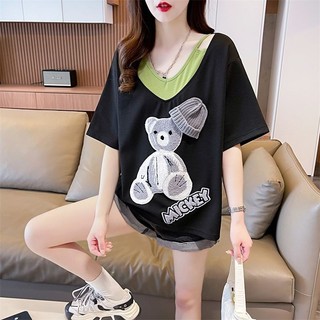 Thiết Kế Sense Bear Thêu Áo Thun Nữ Tay Ngắn Mùa Hè Phong Cách Mới Rời Kích Thước Lớn Vách Ngăn Màu Sắc Tương Phản Top