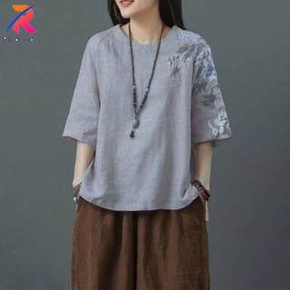 Ruidiandian Áo Sơ Mi Nữ Mùa Hè Vải Lanh Cotton Top Nữ Mới Thêu Nghệ Thuật Ngắn Nữ Retro Phong Cách Trung Hoa Áo Thun Phong Cách Dân Tộc Nữ Plus Size Áo Nút Nút Nút 3 / 4 Sleev