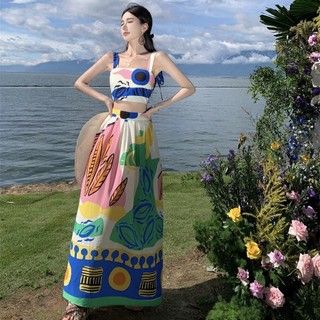 Đầm maxi họa tiết thổ cẩm croptop, Váy cạp cao viền rộng